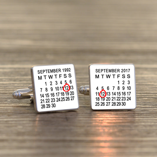 White Calendar Cufflinks - Silver Finish