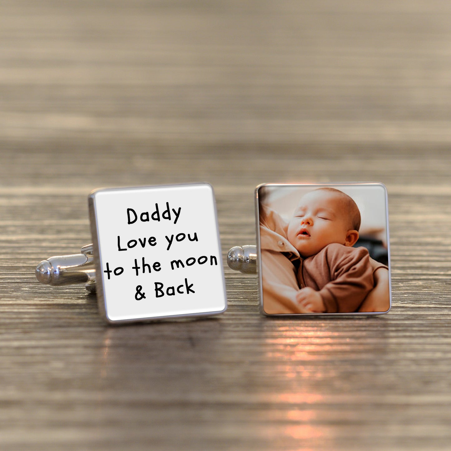 Daddy Love You to the Moon & Back Photo Upload Cufflinks - Silver Finish