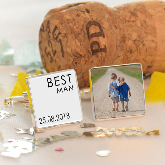 Wedding Party Role Photo Upload Cufflinks - Silver Finish