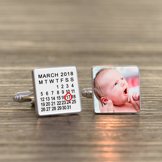 New Baby Calendar Photo Upload Cufflinks - Silver Finish