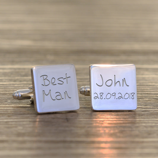 Best Man, Name & Date Cufflinks - Silver Finish