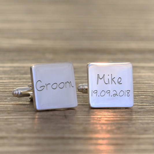 Groom, Name & Date Cufflinks - Silver Finish