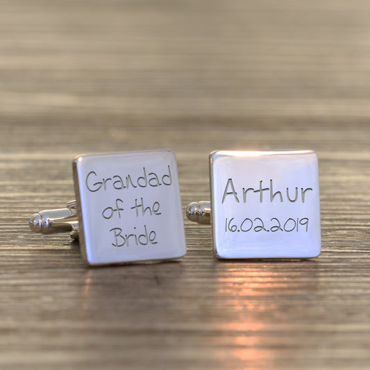 Grandad of the Bride, Name & Date Cufflinks - Silver Finish