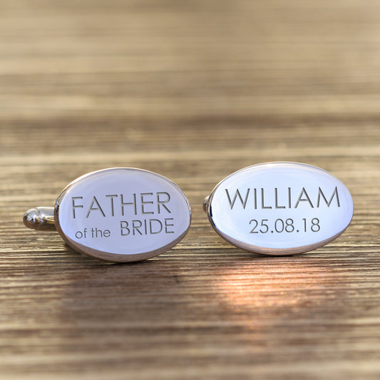 Wedding Party, Name & Date Cufflinks - Silver Finish