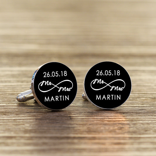 Black/White Mr & Mrs Infinty Cufflinks - Silver Finish