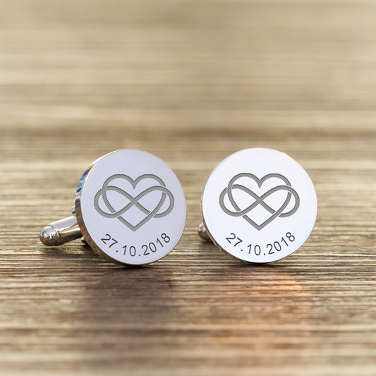 Heart Infinity Wedding Date Cufflinks - Silver Finish