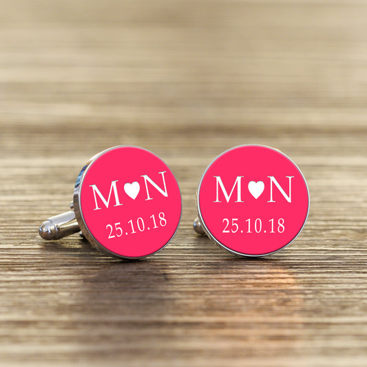 Coloured Initials & Date Cufflinks - Silver Finish