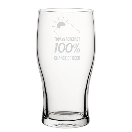 100% Chance Of Beer - Engraved Novelty Tulip Pint Glass Image 1