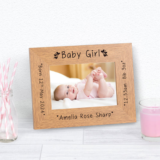 New Baby Girl Wood Picture Frame (6"" x 4"")