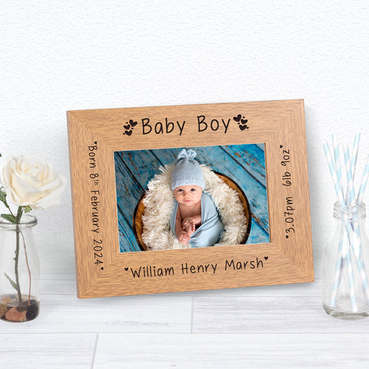 New Baby Boy Wood Picture Frame (6"" x 4"")