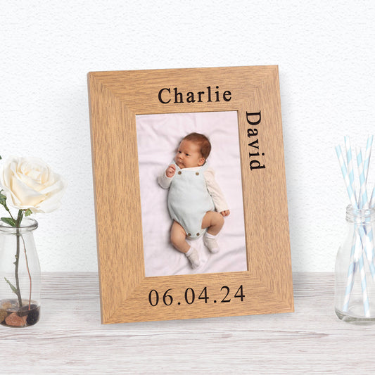 New Baby - Name & Date Wood Picture Frame (6"" x 4"")