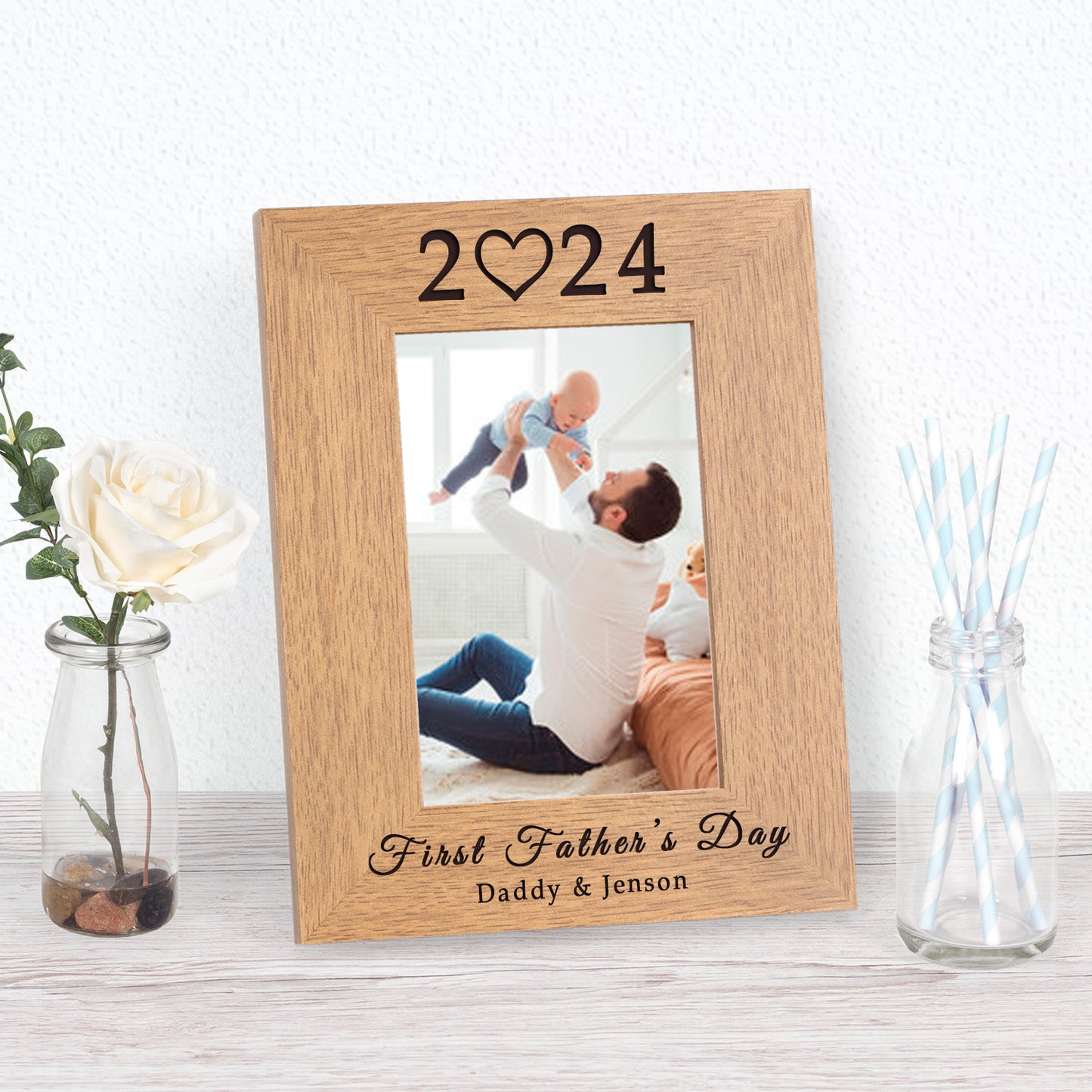 First Father's Day - Year Wood Picture Frame (6"" x 4"")