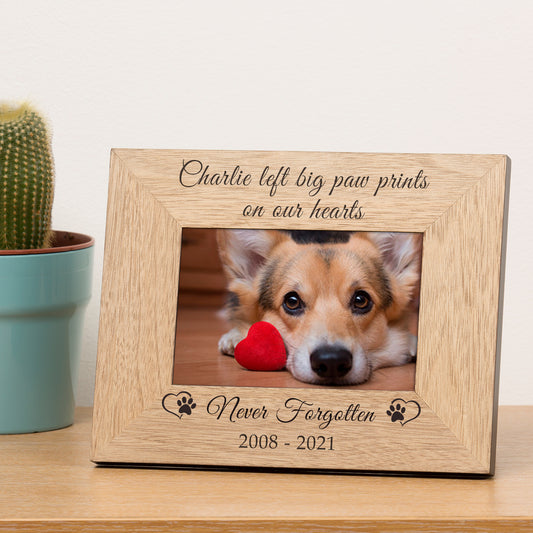 Left Big Paw Prints on our Hearts Pet Memory Wood Picture Frame (7"" x 5"")