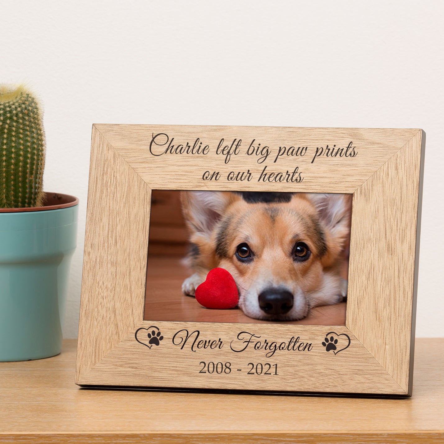 Left Big Paw Prints on our Hearts Pet Memory Wood Picture Frame (6"" x 4"")